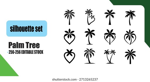Una colección premium de 10 íconos únicos de la silueta de la palmera diseñados en estilo tropical moderno.
El conjunto incluye variaciones creativas como palmeras en forma de corazón, troncos curvos, hojas en capas, isla