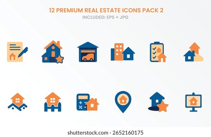 A premium collection of 12 real estate icons featuring house, mortgage, rent, contract, featured listing, location pin, and property calculator. EPS + JPG formats included.
