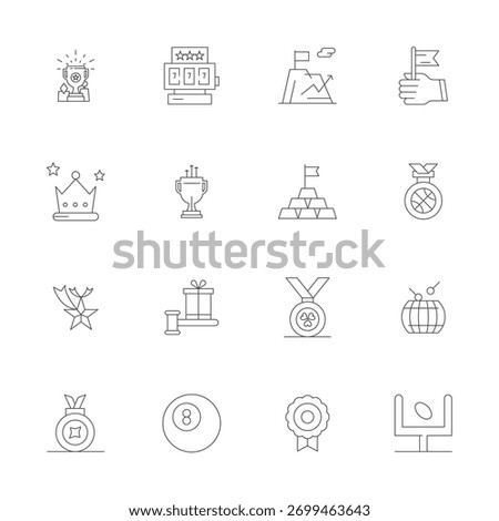 Premium collection of 16 Thin Line vector icons for Winning, meticulously crafted in 64x64 Grid Fitted resolution for superior visual impact.