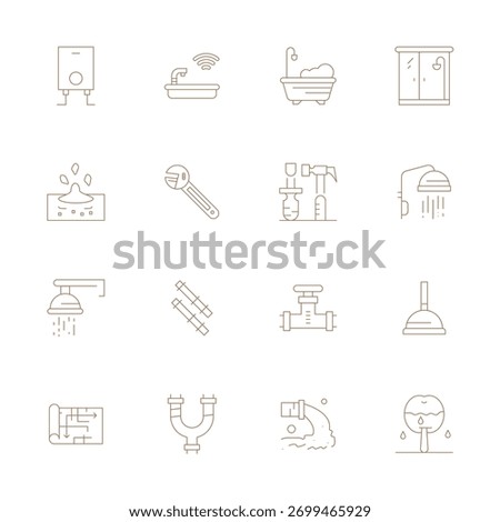 Premium collection of 16 Thin Line vector icons for Plumbing, meticulously crafted in 64x64 Pixel Aligned resolution for superior visual impact.
