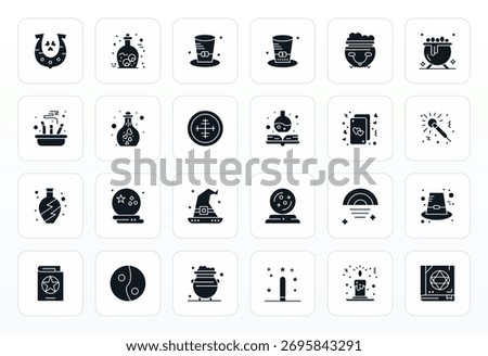 Premium collection of 24 Glyph vector icons for Mystical, meticulously crafted in 128x128 Detail Enhanced resolution for superior visual impact.