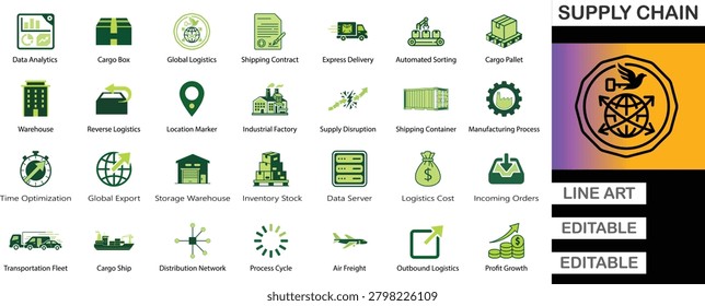 A premium collection of 28 highly detailed SUPPLY CHAIN and global logistics flat vector icons. This colorful and modern flat design icon bundle is expertly crafted to meet the exact needs of UI,UX designers, web developers, and mobile app creators. It is the perfect visual asset for freight forwarding websites, inventory management dashboards, cargo tracking applications, and global trade platforms. The comprehensive set includes a wide array of transportation and distribution symbols such as data analytics, cargo boxes, shipping contracts, express delivery, automated sorting, warehouses, reverse logistics, location markers, industrial factories, supply disruption warnings, shipping containers, manufacturing processes, time optimization, global export, distribution networks, cargo ships, transportation fleets, logistics costs, incoming orders, and profit growth charts. Designed with a clean, professional, and vibrant flat vector style, these scalable graphics ensure pixel-perfect integration into any digital interface, providing an intuitive user experience for any logistics or supply chain web design project.