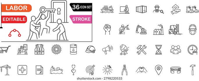 A premium collection of 36 highly detailed LABOR, construction, and industry vector line icons featuring an editable stroke design. This versatile icon bundle is expertly crafted to meet the exact needs of UI,UX designers, web developers, and mobile app creators. It is the perfect visual asset for construction company websites, industrial management software, worker safety apps, job portal interfaces, and labor union dashboards. The comprehensive set includes a wide array of work and industrial symbols such as heavy machinery (excavators, forklifts, cranes), factory buildings, construction tools (hammers, wrenches, pliers, toolbelts, cement mixers), safety equipment (hard hats, safety vests, welding masks, work boots), teamwork, cargo ships, shipping containers, and professional labor concepts like the raised fist and work contracts. Designed with a clean, minimalist outline style, these scalable vector graphics ensure pixel-perfect integration into any digital interface. With fully editable strokes, developers and graphic designers can easily customize the line weight to seamlessly match their specific web design, mobile app branding, or user interface guidelines.