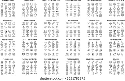 A premium collection of 384 minimalist line icons organised into 24 themed sets, including Money Matters, UI Essentials, Digital Marketing, and Education a Learning.