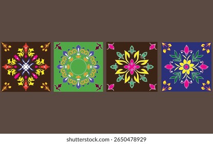 Coleção Premium de 4 azulejos Azulejo flor conjunto. Padrões coloridos sem emenda no estilo azulejo. Azulejo coleção oriental texturas sem costura. Portugal espanhol cerâmica. Vetor