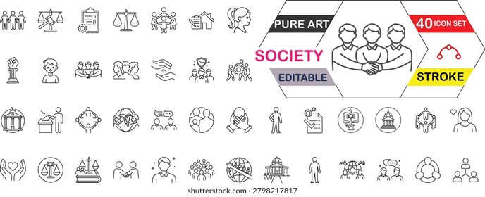 A premium collection of 40 highly detailed SOCIETY and community vector line icons featuring an editable stroke design. This versatile icon bundle is expertly crafted to meet the exact needs of UI,UX designers, web developers, and mobile app creators. It is the perfect visual asset for social networking apps, community portals, legal service websites, NGO platforms, and civic engagement dashboards. The comprehensive set includes a wide array of society-related symbols such as teamwork, law and justice scales, judge gavels, voting ballot boxes, government buildings, family units, global connections, business handshakes, and charity care hands. Designed with a clean, minimalist outline style, these scalable vector graphics ensure pixel-perfect integration into any digital interface. With fully editable strokes, developers and graphic designers can easily customize the line weight to seamlessly match their specific web design, mobile app branding, or user interface guidelines.