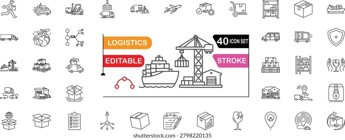 A premium collection of 40 highly detailed LOGISTICS and shipping vector line icons featuring an editable stroke design. This versatile icon bundle is expertly crafted to meet the exact needs of UI,UX designers, web developers, and mobile app creators. It is the perfect visual asset for cargo delivery apps, freight forwarding websites, supply chain management software, and courier service tracking dashboards. The comprehensive set includes a wide array of transportation and distribution symbols such as cargo container ships, delivery trucks, airplanes, forklifts, warehouse storage, heavy cranes, cardboard boxes, hand trucks, fragile handling signs, global shipping routes, and location map pins. Designed with a clean, minimalist outline style, these scalable vector graphics ensure pixel-perfect integration into any digital interface. With fully editable strokes, developers and graphic designers can easily customize the line weight to seamlessly match their specific web design, mobile app branding, or user interface guidelines.