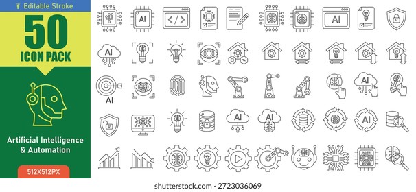 Una colección premium de 50 iconos lineales cuidadosamente seleccionados para proyectos futuristas. Este paquete está diseñado para visualizar conceptos complejos, como el aprendizaje automático, la automatización del flujo de trabajo y la interacción humano-IA, con claridad y una estética moderna.