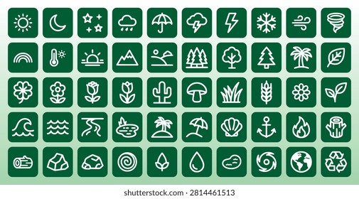 premium collection of 50 unique nature and weather icons in a clean, modern, minimalist vector icon pack style