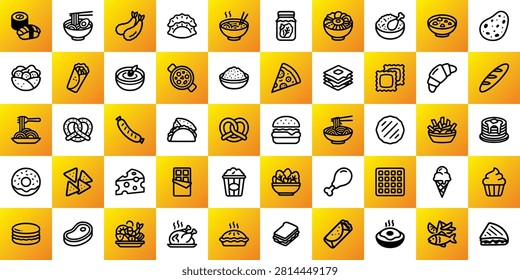 a premium collection of 50 unique world food icons in a clean, modern, minimalist vector icon pack style, featuring famous foods from countries around the world