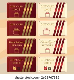 A premium collection of 8 vector gift cards in red, gold, and cream tones. Includes variations with “Happy Birthday!” and “Thank You!” messages, value amounts, and QR codes. EPS10.