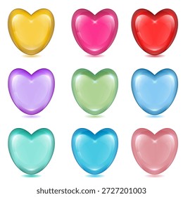 Premium colección de 9 corazones realistas en 3D en rojo, oro, rosa, azul, menta y púrpura. Elementos de Vector volumétricos brillantes aislados en blanco para diseño romántico y Web UI.