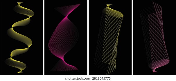 A premium collection of abstract wave line posters featuring elegant spiral curves, flowing ribbon structures, and optical illusion-inspired geometric compositions on a black background. These futuristic designs combine smooth line art with vibrant gradient colors to create eye-catching visuals for posters, wall art, branding, presentations, magazine covers, website banners, social media graphics, and digital marketing materials. Ideal for creative professionals seeking modern, minimal, and high-impact abstract artwork for both print and digital projects.



#Abstract #WaveLines #Geometric #OpticalIllusion #Spiral #ModernDesign #Gradient #LineArt #Poster #Vector #GraphicDesign #Contemporary #DigitalArt #Creative #Futuristic