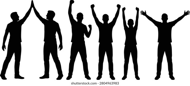 A premium collection of black human silhouette vectors featuring celebration, victory, success, cheering, and high five poses isolated 