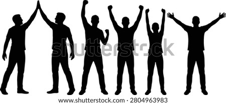 A premium collection of black human silhouette vectors featuring celebration, victory, success, cheering, and high five poses isolated 