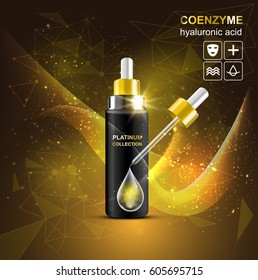 Premium collection bottle hyaluronic cosmetics. Molecule abstract background.