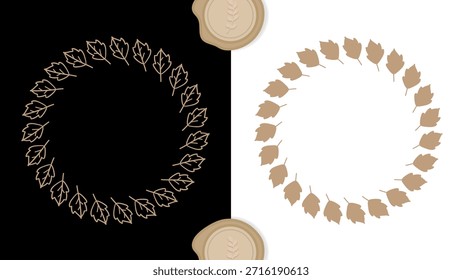 Una colección premium de coronas de hojas circulares en estilos de líneas y siluetas presentadas sobre fondos en blanco y negro contrastantes con elegantes sellos de cera dorados.