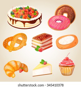 Premium collection of colorful tasty cakes and bakery. Set of vector illustrations of desserts: cake with fruits and berries, donuts, pretzels, tiramisu, croissants, cheesecake, cupcake.