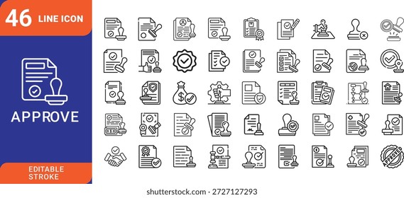 Premium collection of document approval line icons showcasing paper stamp checkmark quality certificate and business authorization symbols for corporate workflow.