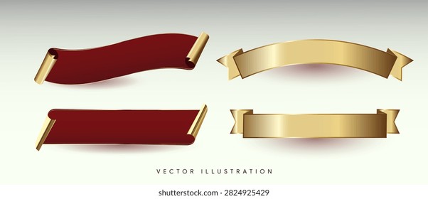 A premium collection of elegant scroll and ribbon banners featuring rich burgundy red and luxurious metallic gold finishes. The set includes curved scrolls, classic ribbon strips, and folded-end banners with realistic gradients, highlights, shadows, and dimensional effects. The artwork is manually created using professional vector design software, with precisely constructed editable vector shapes — not AI-generated. Perfect for luxury branding, certificates, awards, invitations, premium packaging, badges, labels, and promotional designs.