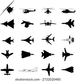 Una colección premium de aviones de combate y diseños de Vectores de silueta de helicóptero. Perfecto para proyectos de temática aeronáutica, logotipos, impresiones y obras de arte digitales. Gráficos versátiles y de alta calidad. Conjunto de iconos vectoriales planos de aviones militares.