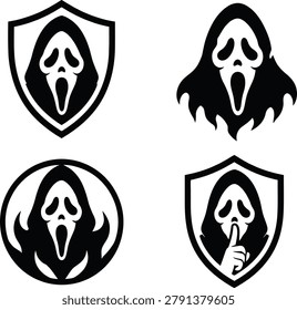 Premium collection of four horror ghost mask logo designs featuring spooky hooded phantoms,