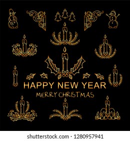 Premium collection of gold elements for design. Lovely Winter Holiday arts, hand drawn candles with different wreathes, fir, holly, mistletoe with berry elements 