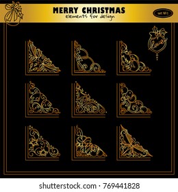 Premium collection of golden corners in Christmas or Winter Holiday design. Elements for frames, cards or paper decoration design 