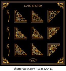 Premium collection of golden corners in Eastern day  theme. Elements for frames, cards or paper decoration design, consist from eggs, flowers, grass, rabbits and more