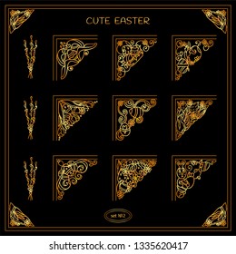 Premium collection of golden corners in Eastern day  theme. Elements for frames, cards or paper decoration design, consist from eggs, flowers, grass, rabbits and more