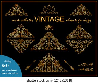 Premium collection of golden element. Winter, Holiday theme tiny illustrations, triangle shapes, good for frame corners, borders, emphasis. Christmas tree branches, wave vignette and more 
