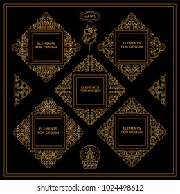 Premium collection of golden elements for design. Square, rectangle section or module, template for logo, monogram, frames, boxes, vignette. Ornate elements consisting of tiny hand drawn arts
