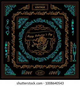 Premium collection of golden and neon blue frames and corners. Square and round shape frames for different type of design. Perfect for 14 february or love, wedding design, greeting cards and more