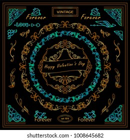 Premium collection of golden and neon blue frames and corners. Square and round shape frames for different type of design. Perfect for 14 february or love, wedding design, greeting cards and more