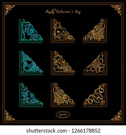 Premium collection of golden and neon blue corners in Valentine’s day theme. Elements for frames, cards or paper decoration design