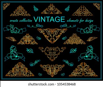 Premium collection of golden and shining blue elements. 14 february theme tiny illustrations, good for frames, borders, emphasis, dividers or headers, kawaii arts with ribbons