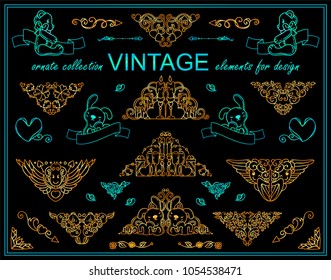 Premium collection of golden and shining blue elements. 14 february theme tiny illustrations, good for frames, borders, emphasis, dividers or headers, kawaii arts with ribbons
