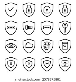 a premium collection of high-quality vector icons representing various security concepts. This set includes sleek and professional silhouettes of locks, shields, surveillance cameras, cyber security