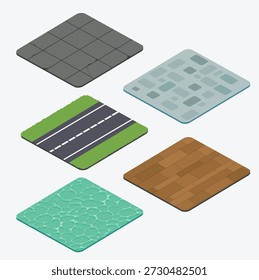 Una colección premium de baldosas de Vector isométricas, con varias superficies ambientales que incluyen carreteras de asfalto, losas de hormigón, agua, pisos de madera rústica y pavimentos de piedra natural. 