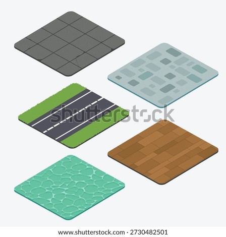 A premium collection of isometric vector tiles, featuring various environmental surfaces including asphalt roads, concrete slabs, water, rustic wooden flooring, and natural stone paving. 