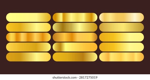Premium collection of metallic gold gradient swatches in rounded rectangle shapes. Includes various realistic yellow, bronze, and champagne gold color transitions, perfect for web UI buttons, mobile app interfaces, digital badges, and promotional banners.Golden CTA 