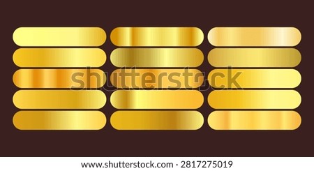Premium collection of metallic gold gradient swatches in rounded rectangle shapes. Includes various realistic yellow, bronze, and champagne gold color transitions, perfect for web UI buttons, mobile app interfaces, digital badges, and promotional banners.Golden CTA 