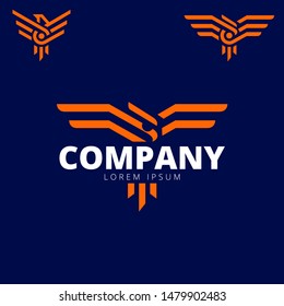 A premium collection of professional bird of prey vector logos featuring eagles, hawks, or falcons in a modern bold line style. The set includes various dynamic poses, from spreading wings to fierce profiles, using a high-contrast orange and navy blue color palette. These powerful emblems represent vision, speed, and authority, making them perfect for corporate branding, security firms, sports teams, aerospace industries, and military-inspired apparel.