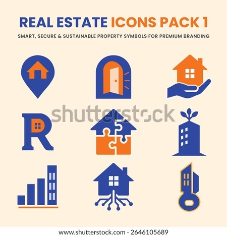 A premium collection of real estate vector icons featuring house, key, building, smart home, and property symbols perfect for branding, marketing, and urban housing visuals.