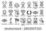 Premium collection of recognition icons featuring sports trophies winning medals competition podiums achievement certificates success symbols and victory awards ideal for gamification websites employee recognition programs athletic events school competitions corporate honor systems.