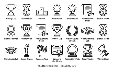 Premium collection of recognition icons featuring sports trophies winning medals competition podiums achievement certificates success symbols and victory awards ideal for gamification websites employee recognition programs athletic events school competitions corporate honor systems.