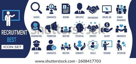 A premium collection of recruitment icons featuring candidates, staff, resumes, partnerships, skills, employees, occupations, interviews, online job searches, human resources, training, and more.