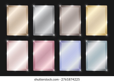 Premium collection of rectangular glossy glass frames or cards featuring elegant metallic gradients and sparkling light effects. Crystal frames for premium design, awards, and web elements. Vector templates for luxury brand identities, mobile app UI elements, game reward cards, jewelry pricing, or stylish digital invitations. - Powered by Shutterstock - Get 15% off with code: PIKWIZARD15