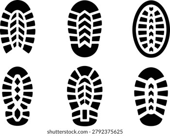Premium collection of shoe print vector icons featuring boot sole tread patterns, footwear footprints and outdoor trail mark designs.