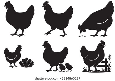 Premium collection of six clean black chicken silhouette vector designs featuring standing, walking, pecking, nesting, hen with chicks, and rustic farm compositions. Perfect for Cricut, laser cutting, t-shirt printing, farmhouse decor, stickers, decals, and commercial stock projects. Isolated on white background.